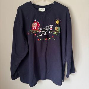 Vintage Quacker Factory Farmhouse Barn Cows Sequin Embellished Top Size 2X